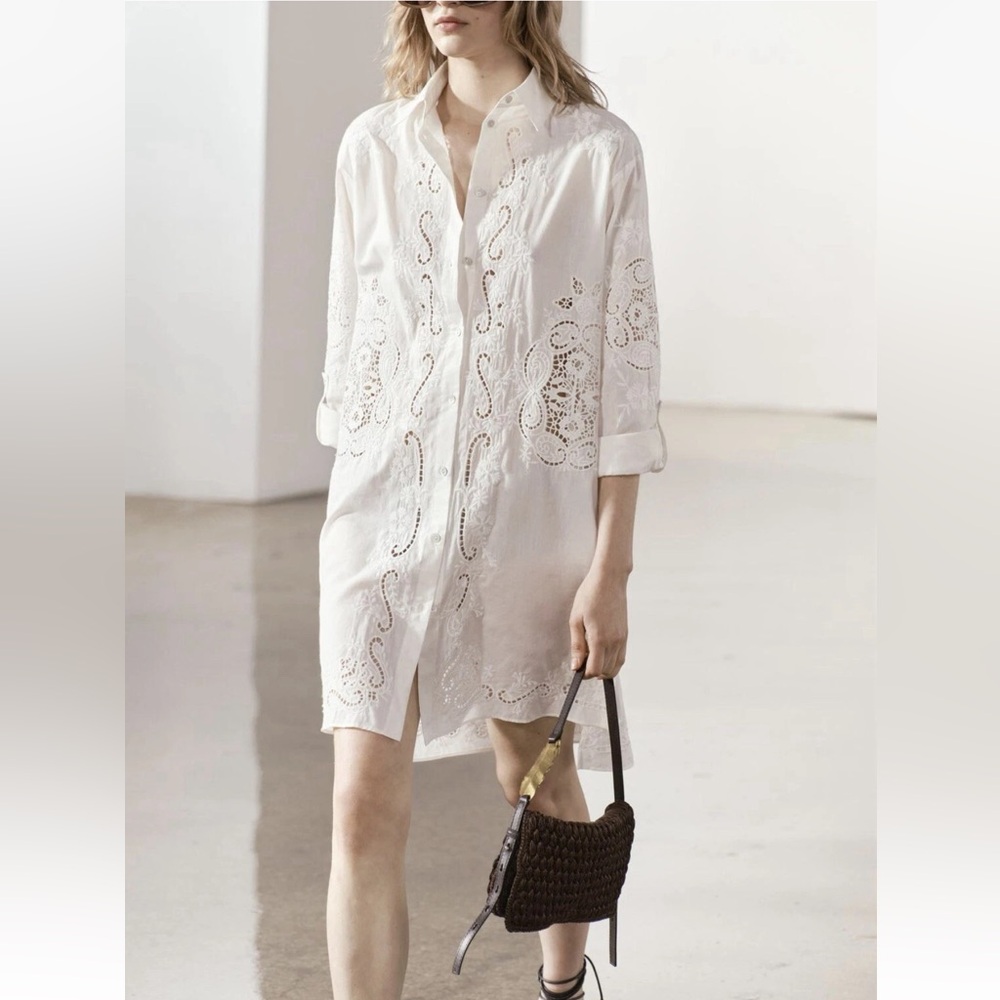 Zara White Cotton Oversized Embroidered Shirt Dress